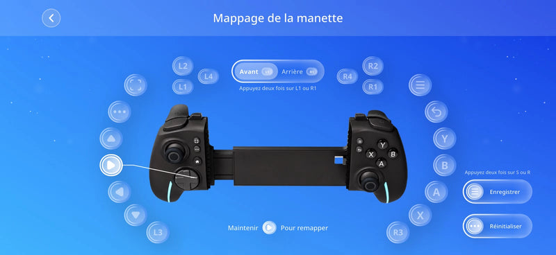 L’écran de réglage de l’app Osyn, sur un téléphone tenu à l’horizontale : les boutons de la manette en pastilles autour de son image, l’interrupteur Avant, Arrière et le bouton Enregistrer