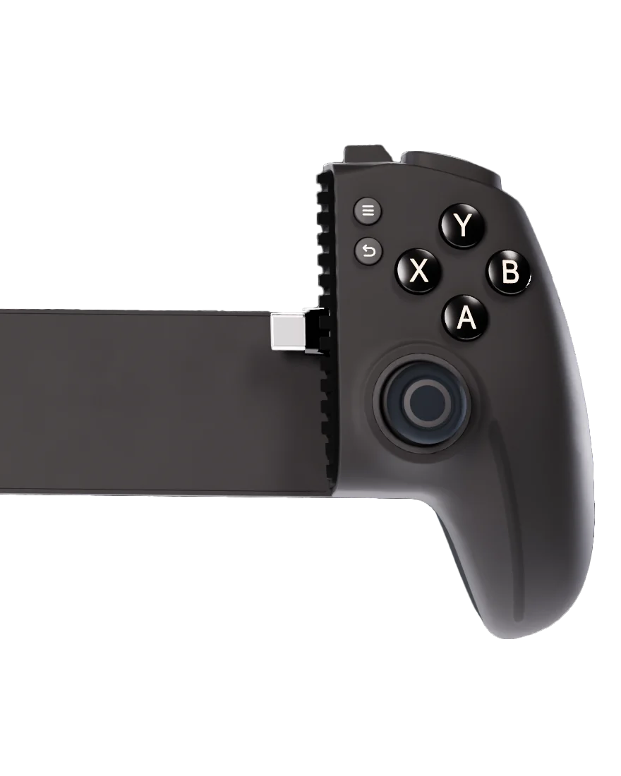 La prise USB-⁠C de la manette, au bord de la poignée droite, sans téléphone