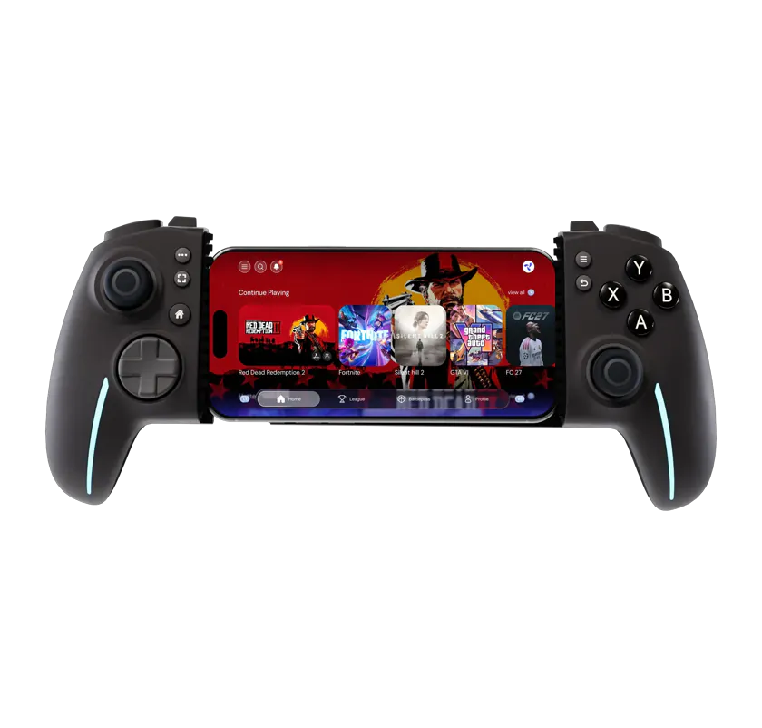 La manette Osyn Pro avec un smartphone qui affiche l’app Osyn.