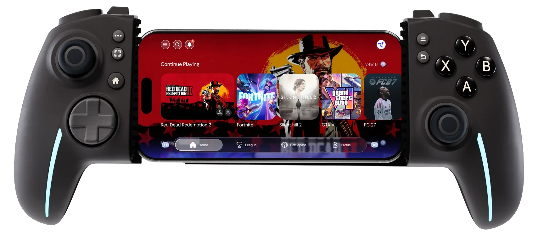 La manette Osyn Pro tient un smartphone qui affiche l’app Osyn.