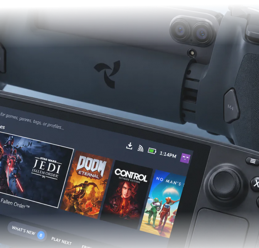 La manette Osyn Pro devant un écran qui affiche une bibliothèque de jeux.